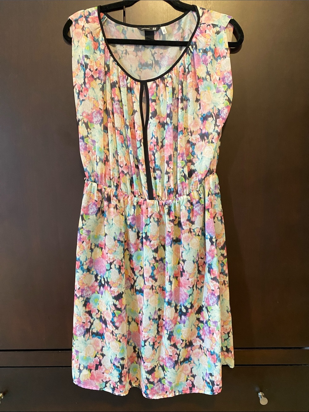 Floral Sleeveless Dress with Black Trim